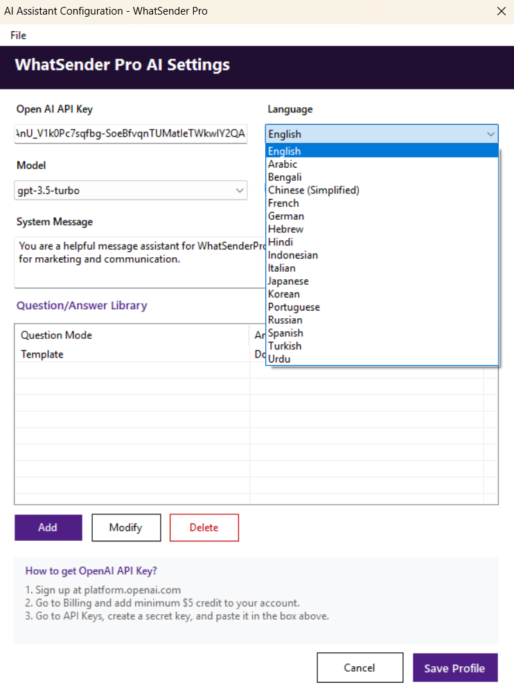 WhatSender Pro AI Assistant Configuration