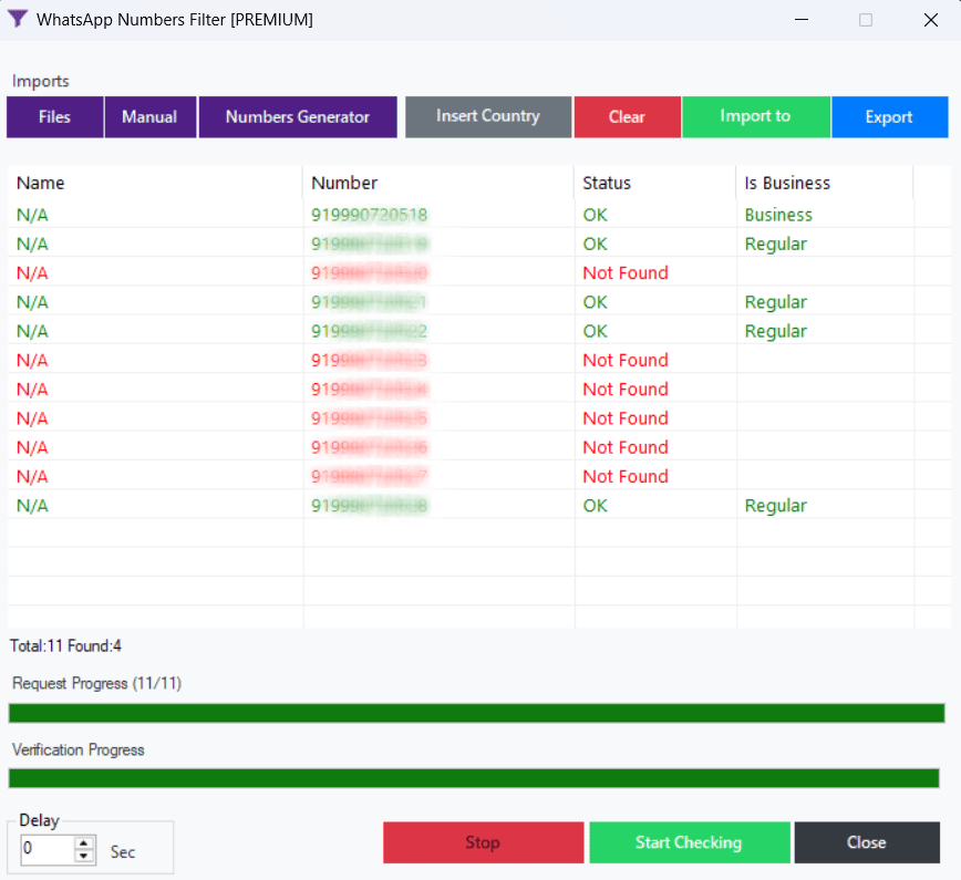 WhatSender Pro Number Filter Interface