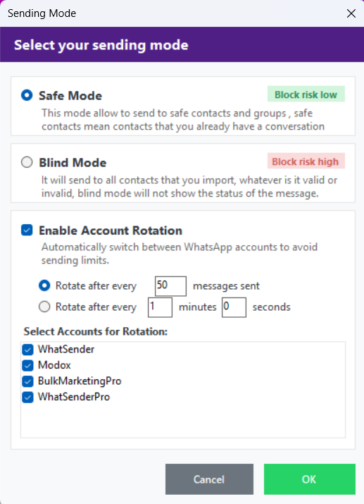 WhatSender Pro Sending Modes Selection Interface